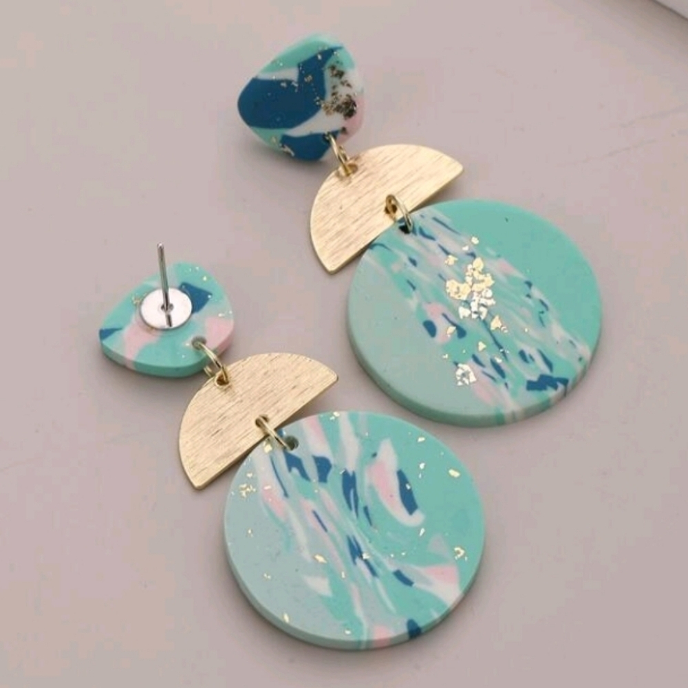 New Turquoise And Golden Round Dangle Drop Earrings